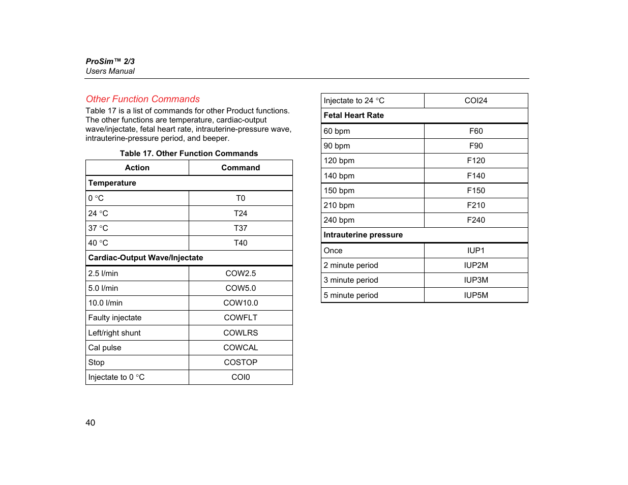 Other function commands | Fluke Biomedical ProSim 2 User Manual | Page 52 / 60