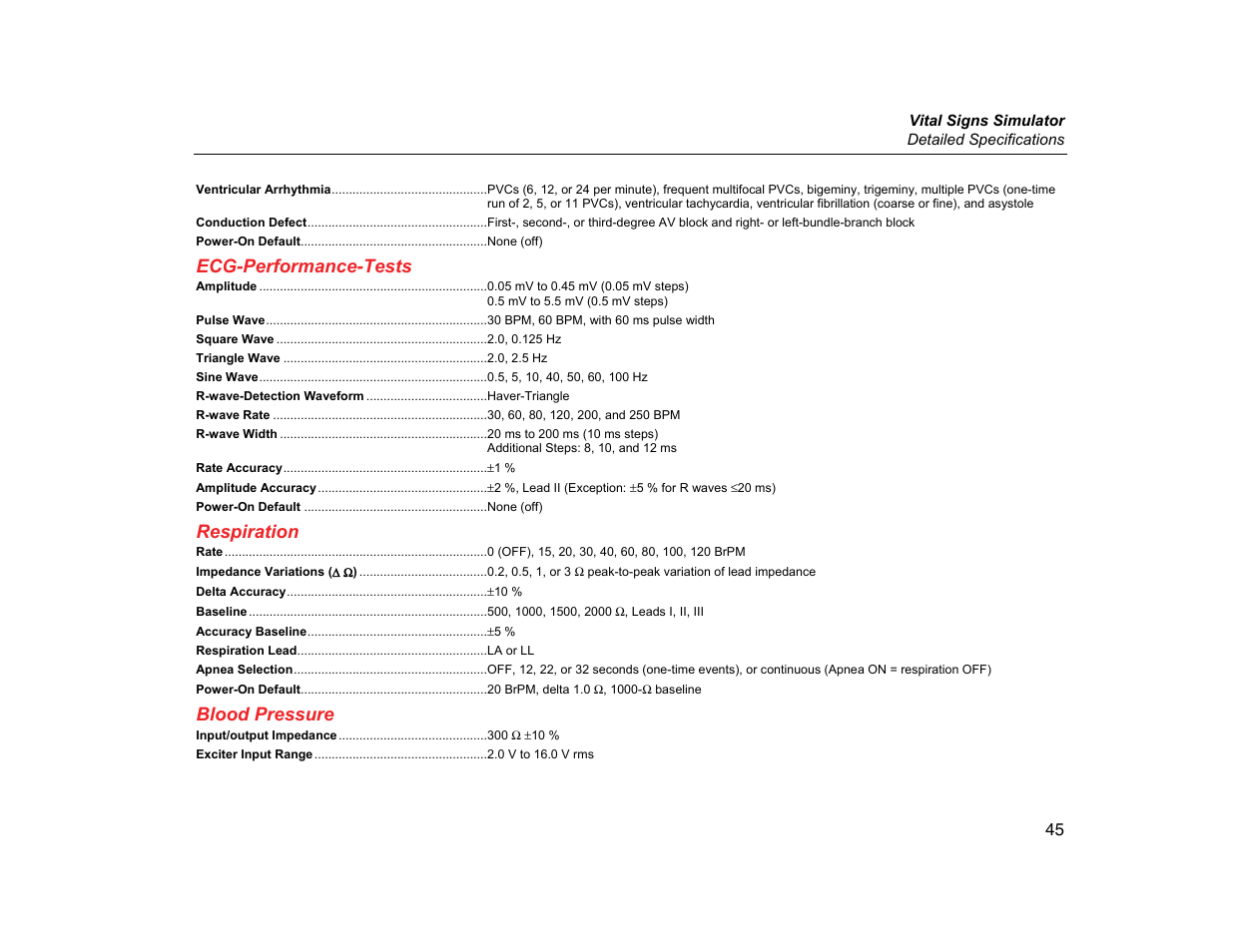 Ecg-performance-tests, Respiration, Blood pressure | Fluke Biomedical ProSim 2 User Manual | Page 57 / 60