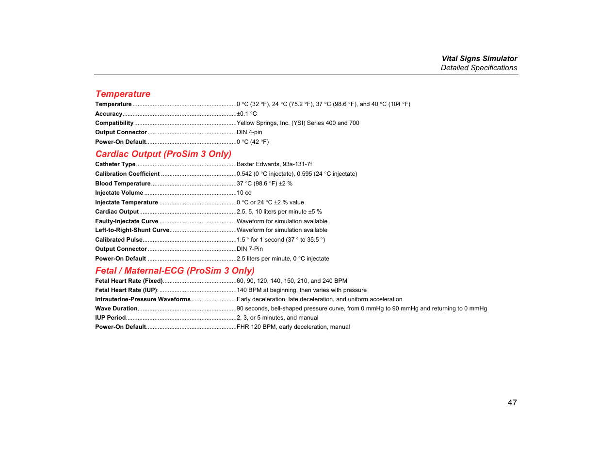 Temperature, Cardiac output (prosim 3 only), Fetal / maternal-ecg (prosim 3 only) | Fluke Biomedical ProSim 2 User Manual | Page 59 / 60