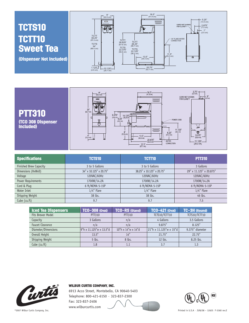 Tcts10 tctt10 sweet tea, Ptt310, Dispenser not included) | Tco 308 dispenser included), Tco-rs, Tco-421, Tc-3h | Curtis TCTT10 User Manual | Page 2 / 2