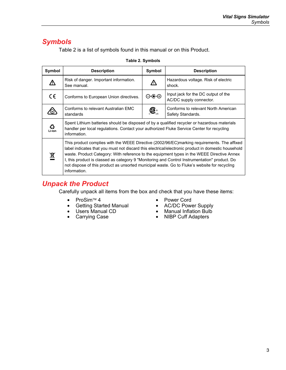 Symbols, Unpack the product | Fluke Biomedical ProSim 4 User Manual | Page 13 / 46