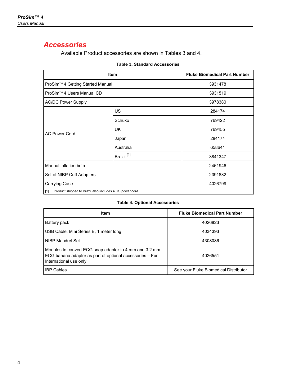 Accessories | Fluke Biomedical ProSim 4 User Manual | Page 14 / 46