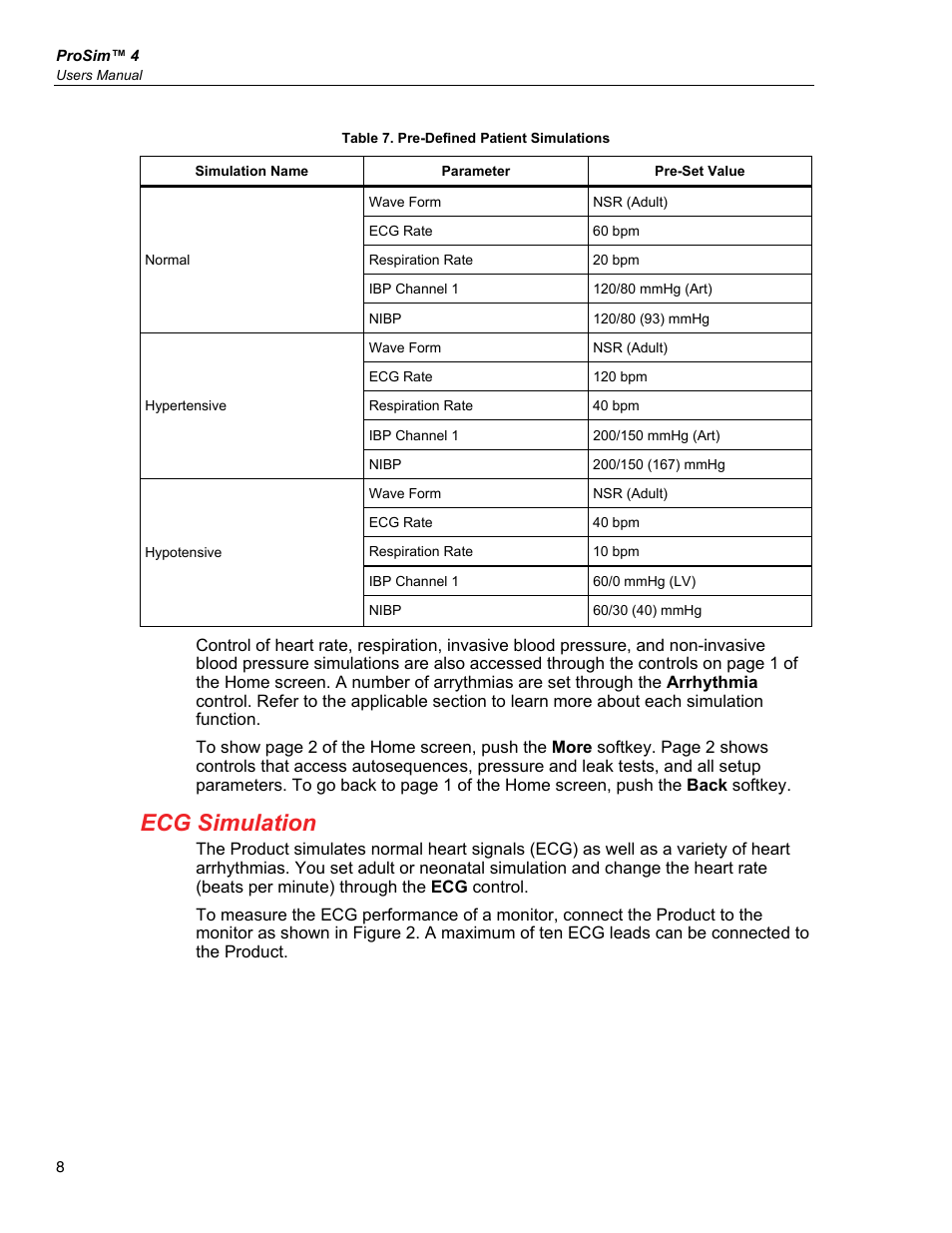 Ecg simulation | Fluke Biomedical ProSim 4 User Manual | Page 18 / 46