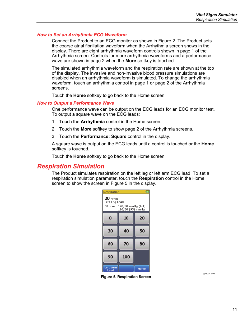 How to set an arrhythmia ecg waveform, How to output a performance wave, Respiration simulation | Fluke Biomedical ProSim 4 User Manual | Page 21 / 46