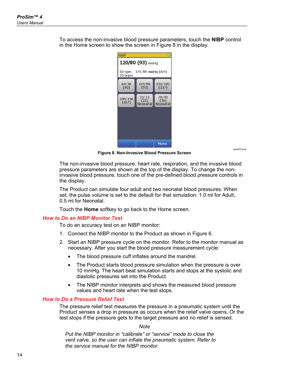 How to do an nibp monitor test, How to do a pressure relief test | Fluke Biomedical ProSim 4 User Manual | Page 24 / 46