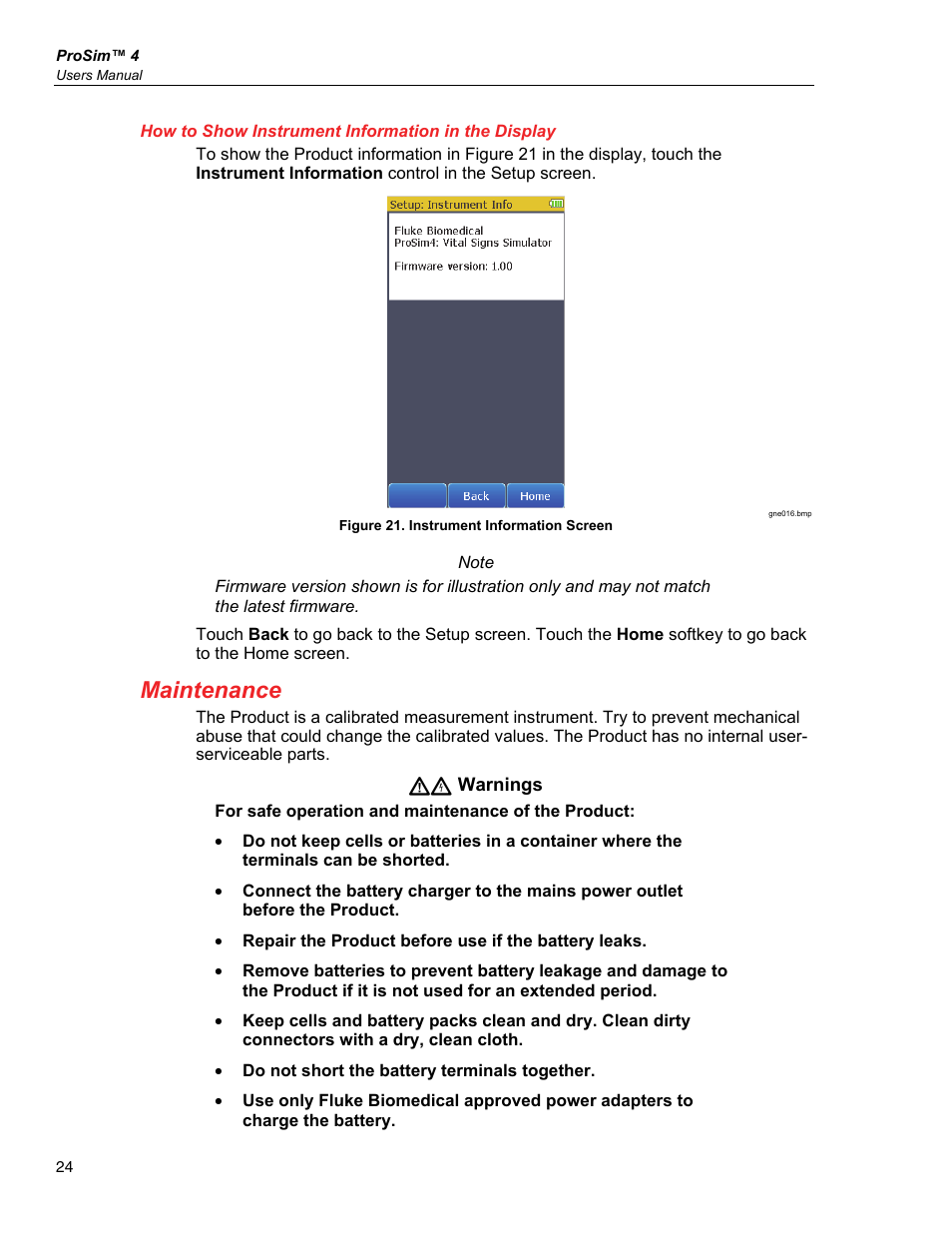 How to show instrument information in the display, Maintenance | Fluke Biomedical ProSim 4 User Manual | Page 34 / 46