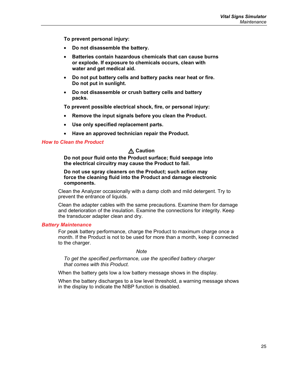 How to clean the product, Battery maintenance | Fluke Biomedical ProSim 4 User Manual | Page 35 / 46