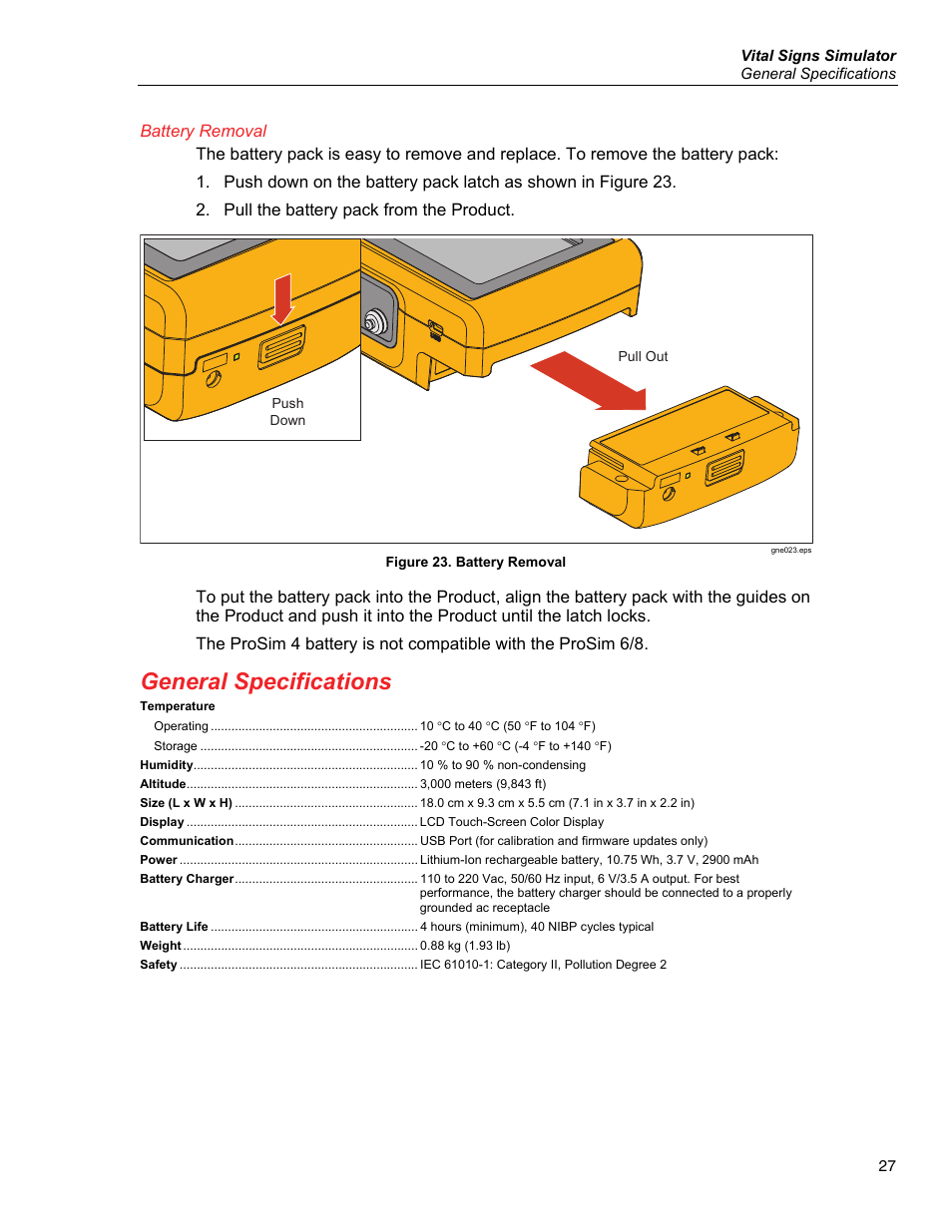 Battery removal, General specifications | Fluke Biomedical ProSim 4 User Manual | Page 37 / 46