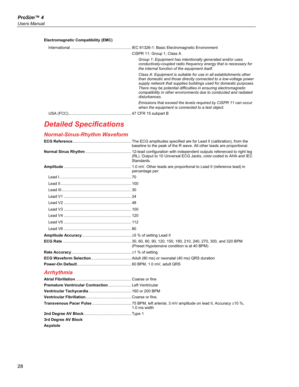 Detailed specifications, Normal-sinus-rhythm waveform, Arrhythmia | Fluke Biomedical ProSim 4 User Manual | Page 38 / 46
