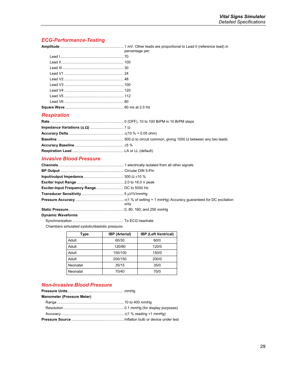 Ecg-performance-testing, Respiration, Invasive blood pressure | Non-invasive blood pressure | Fluke Biomedical ProSim 4 User Manual | Page 39 / 46