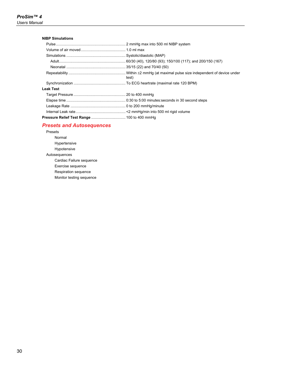 Presets and autosequences | Fluke Biomedical ProSim 4 User Manual | Page 40 / 46