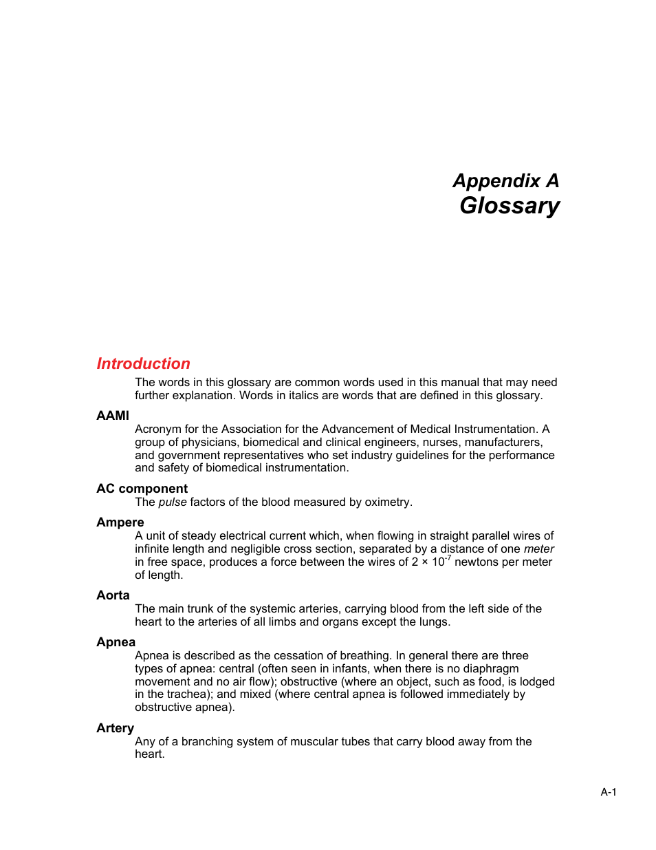 Glossary, Introduction, Appendix a | Fluke Biomedical ProSim 4 User Manual | Page 41 / 46