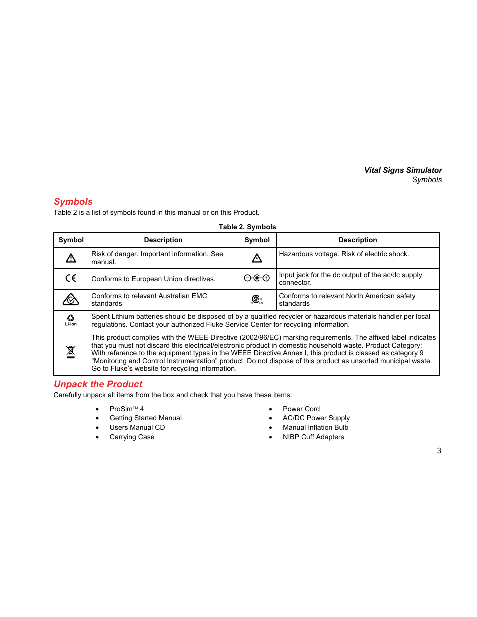 Symbols, Unpack the product | Fluke Biomedical ProSim 4 Getting Started User Manual | Page 15 / 32