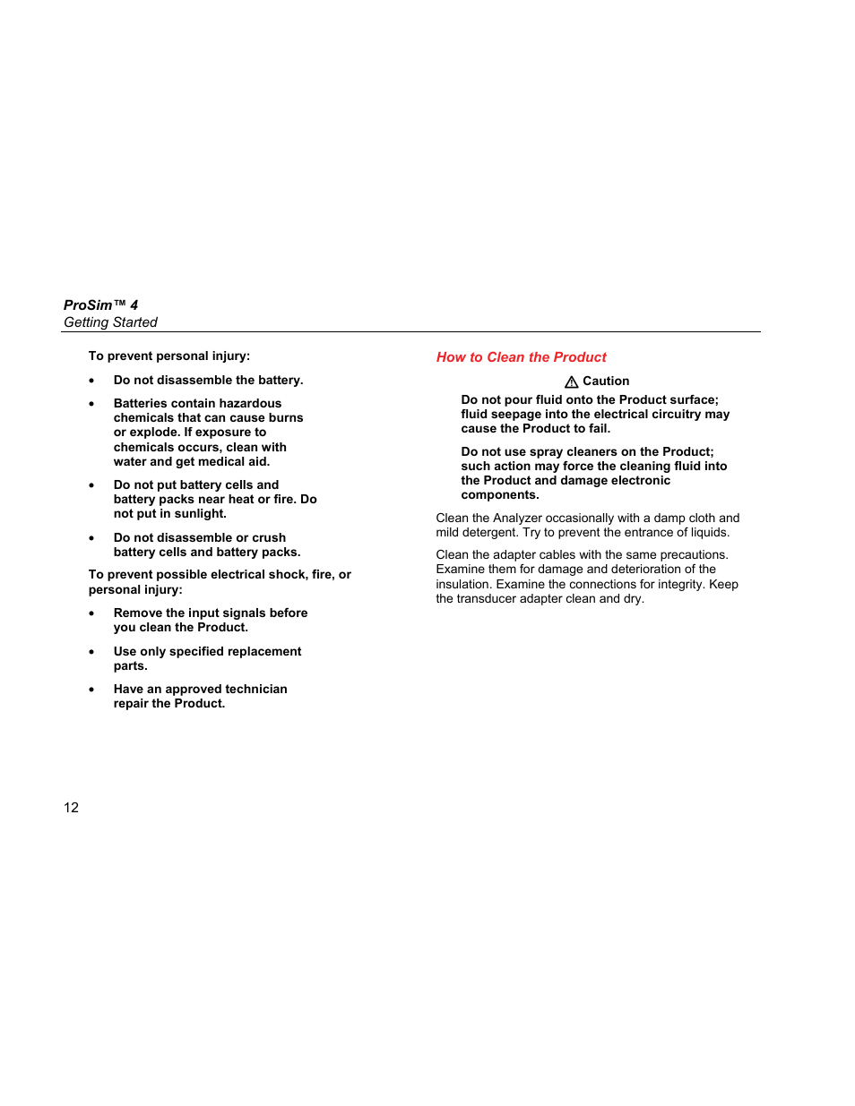 How to clean the product | Fluke Biomedical ProSim 4 Getting Started User Manual | Page 24 / 32