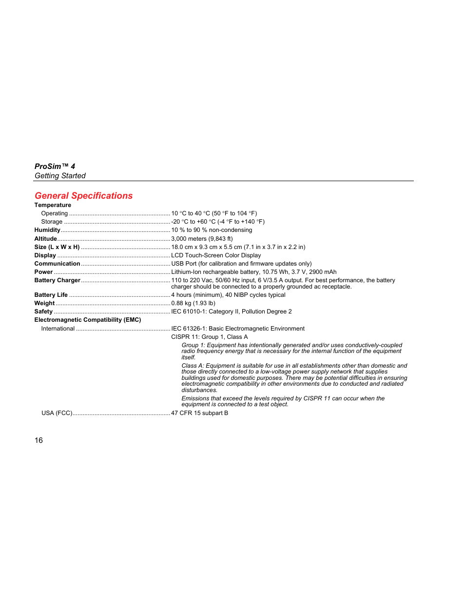 General specifications | Fluke Biomedical ProSim 4 Getting Started User Manual | Page 28 / 32