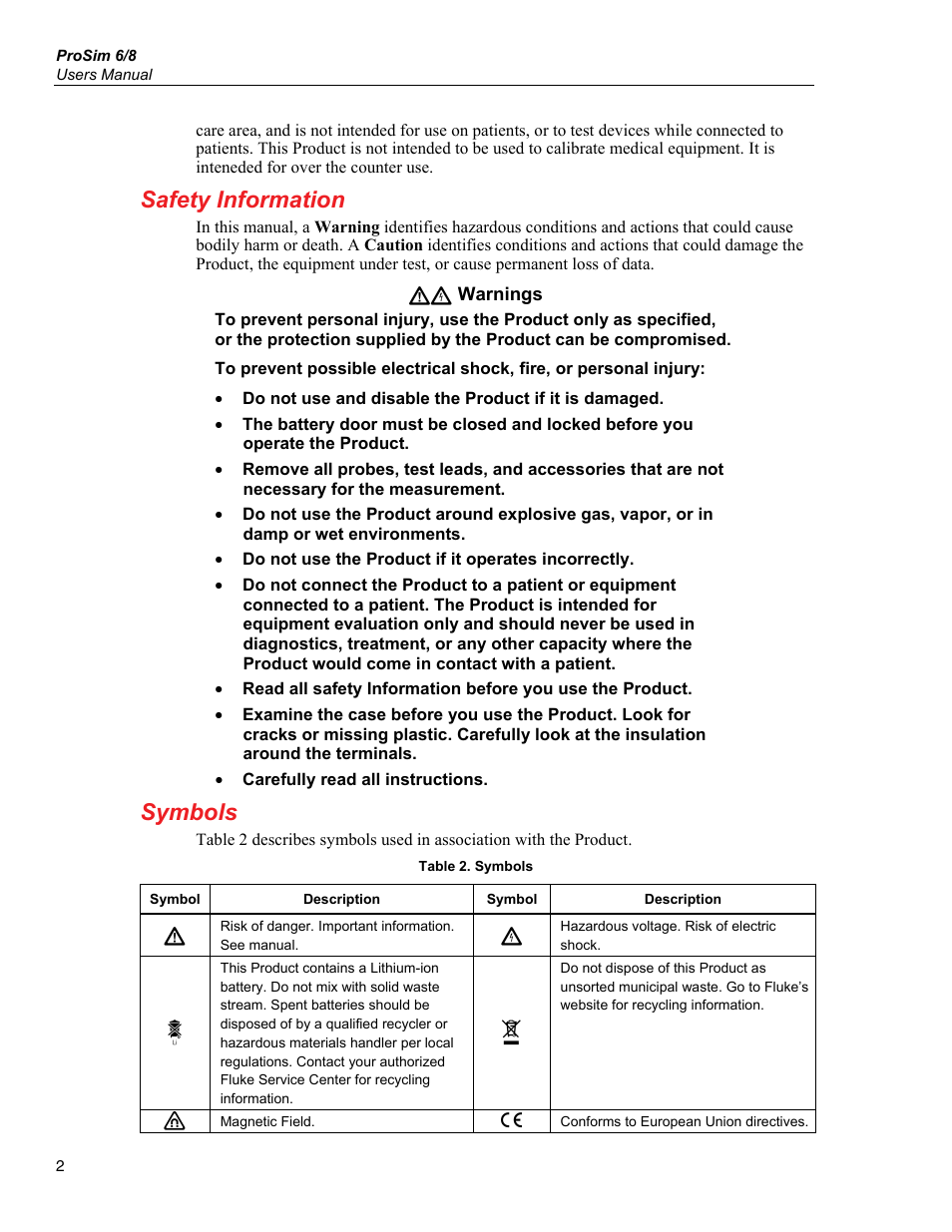 Safety information, Symbols | Fluke Biomedical ProSim 6 User Manual | Page 14 / 102