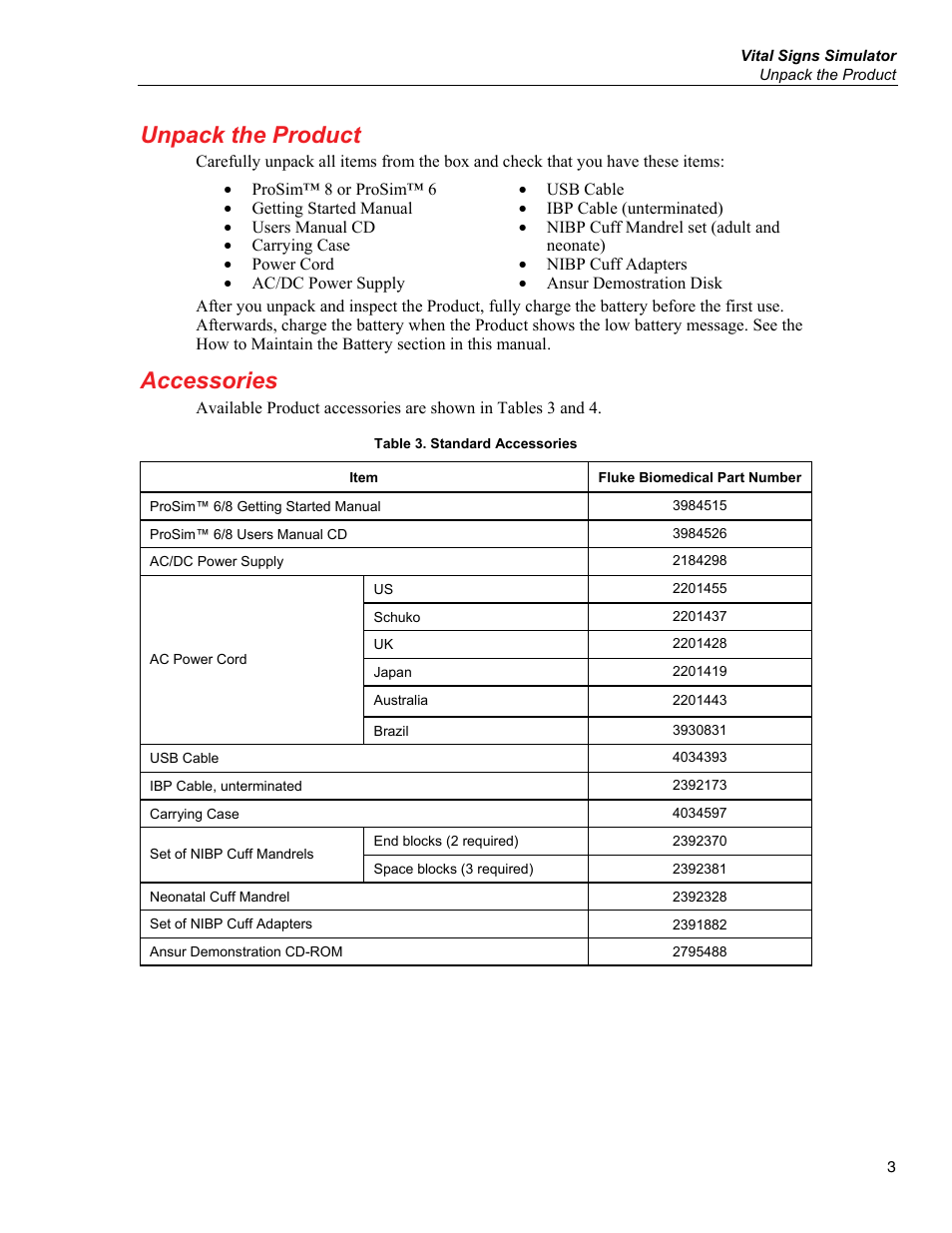 Unpack the product, Accessories | Fluke Biomedical ProSim 6 User Manual | Page 15 / 102