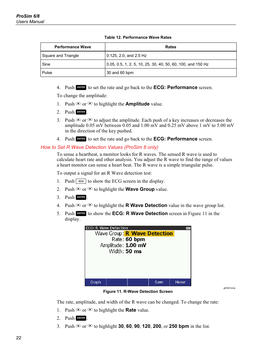 How to set r wave detection values (prosim 8 only) | Fluke Biomedical ProSim 6 User Manual | Page 34 / 102