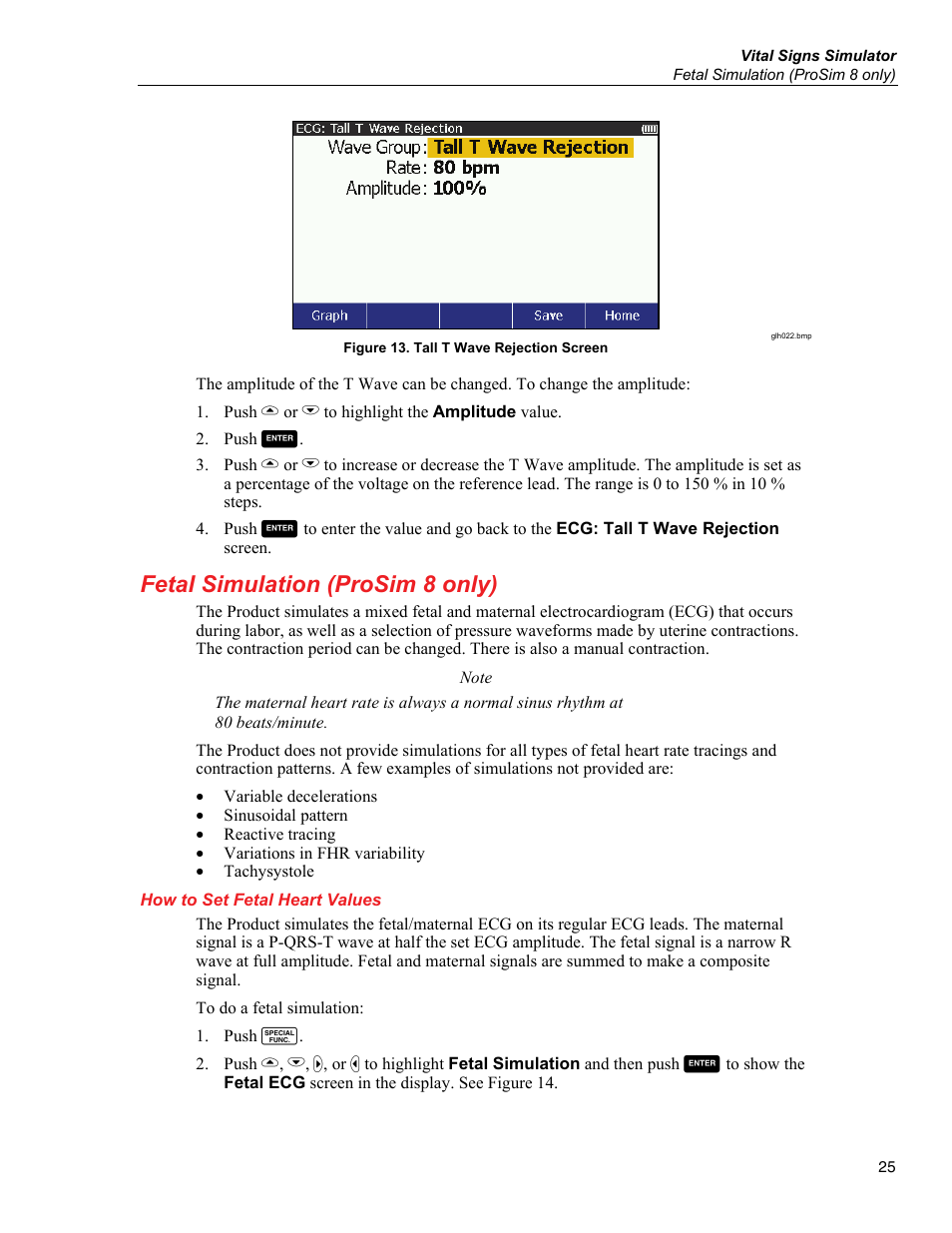 Fetal simulation (prosim 8 only), How to set fetal heart values | Fluke Biomedical ProSim 6 User Manual | Page 37 / 102