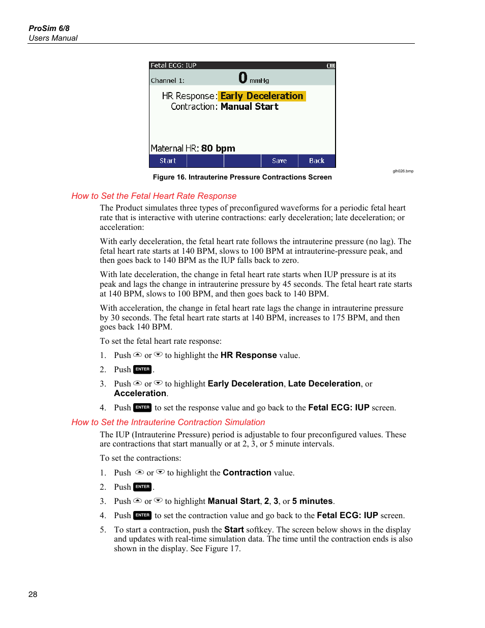 How to set the fetal heart rate response, How to set the intrauterine contraction simulation | Fluke Biomedical ProSim 6 User Manual | Page 40 / 102