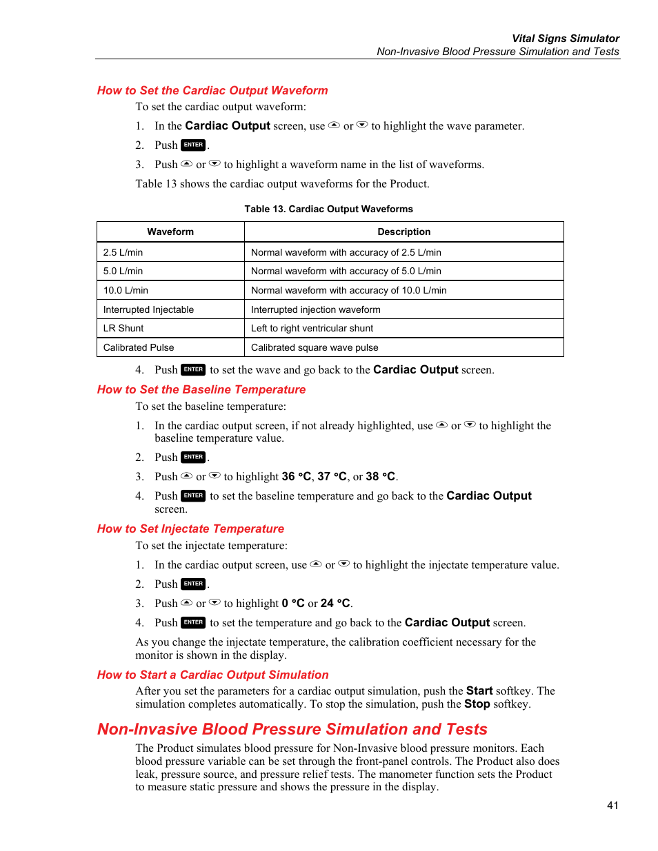 How to set the cardiac output waveform, How to set the baseline temperature, How to set injectate temperature | How to start a cardiac output simulation, Non-invasive blood pressure simulation and tests | Fluke Biomedical ProSim 6 User Manual | Page 53 / 102