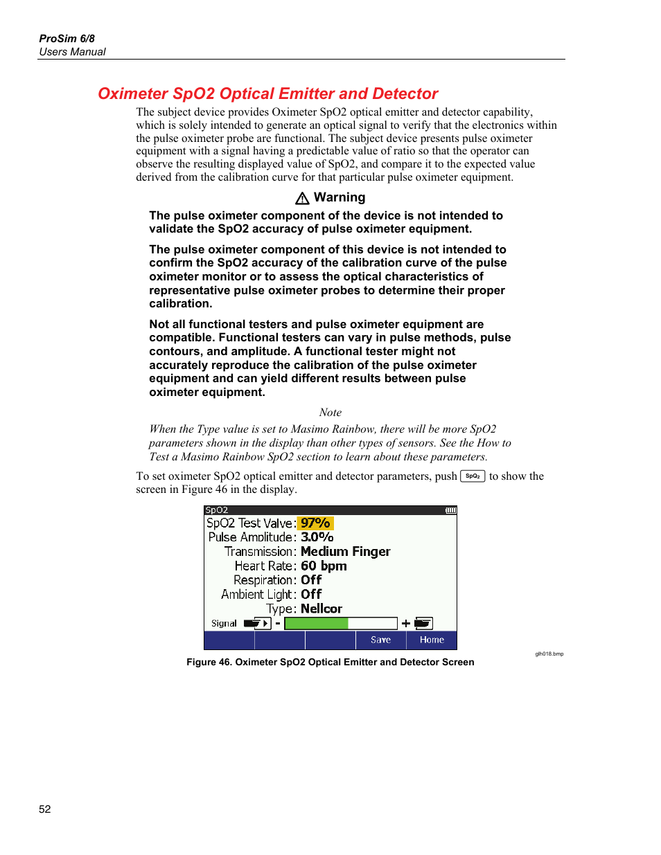 Oximeter spo2 optical emitter and detector | Fluke Biomedical ProSim 6 User Manual | Page 64 / 102