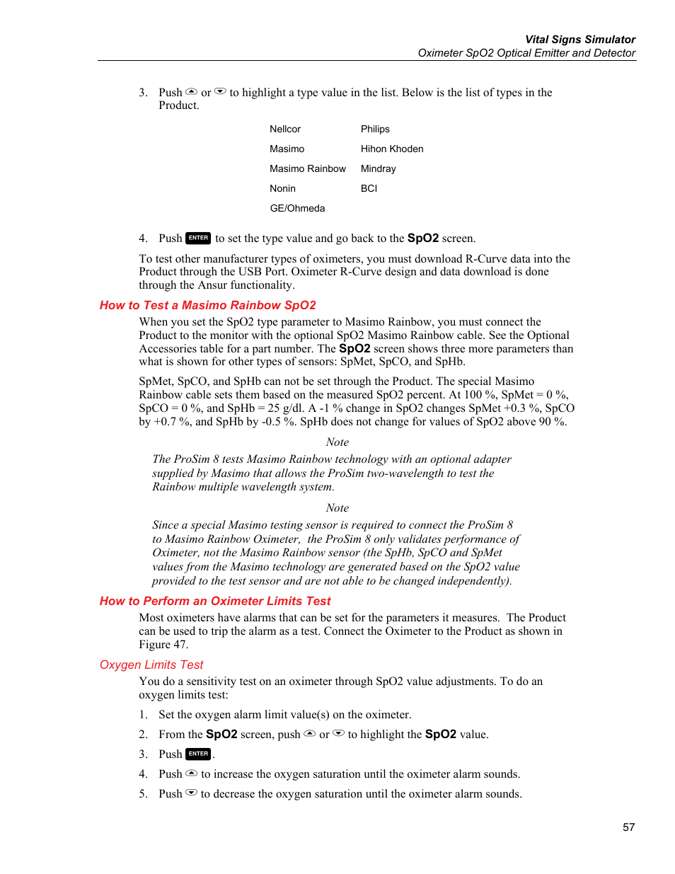 How to test a masimo rainbow spo2, How to perform an oximeter limits test, Oxygen limits test | Fluke Biomedical ProSim 6 User Manual | Page 69 / 102