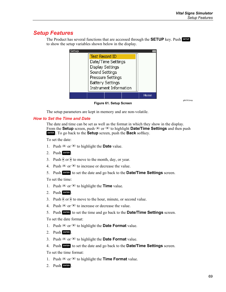 Setup features, How to set the time and date | Fluke Biomedical ProSim 6 User Manual | Page 81 / 102