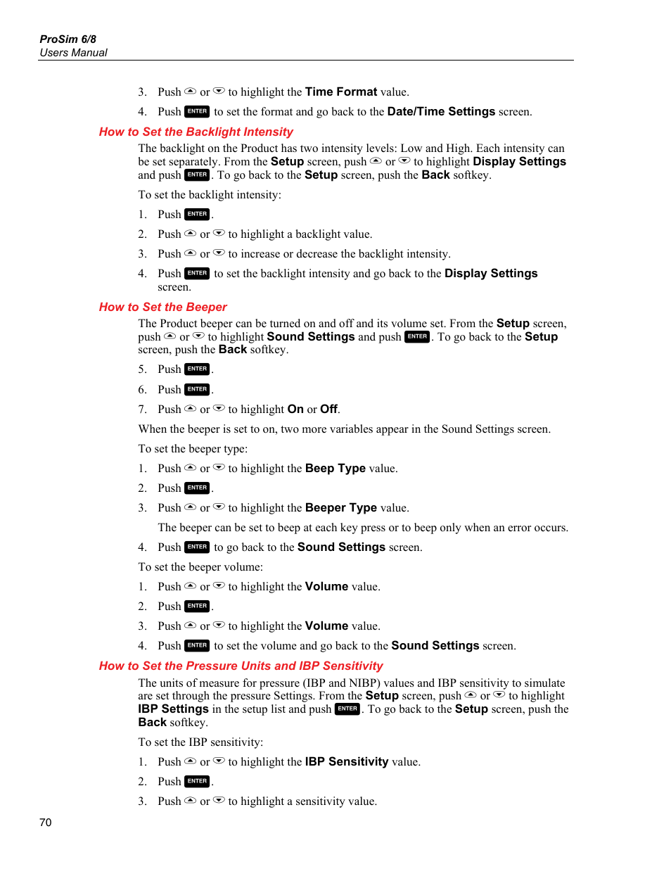 How to set the backlight intensity, How to set the beeper, How to set the pressure units and ibp sensitivity | Fluke Biomedical ProSim 6 User Manual | Page 82 / 102