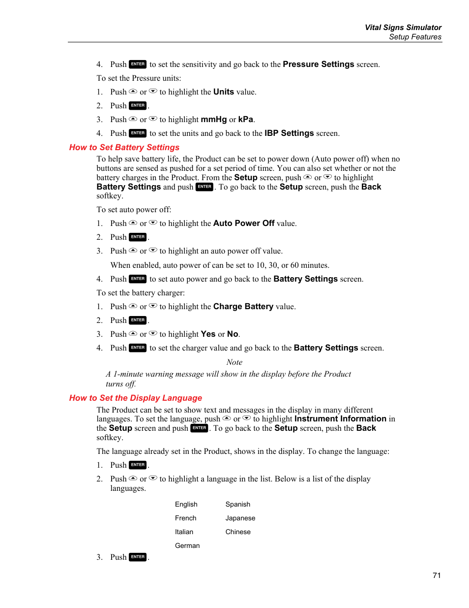 How to set battery settings, How to set the display language | Fluke Biomedical ProSim 6 User Manual | Page 83 / 102