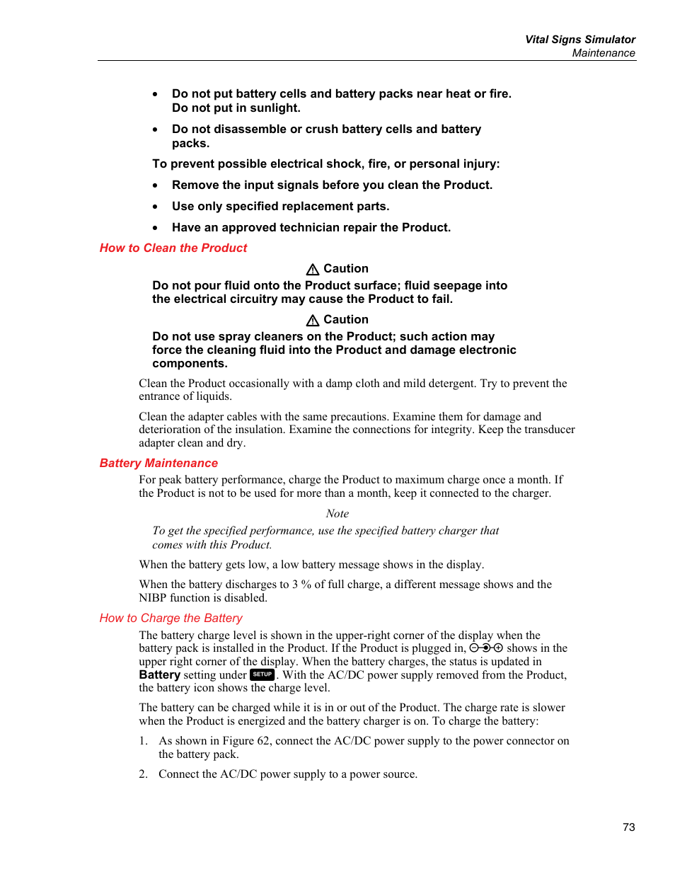 How to clean the product, Battery maintenance, How to charge the battery | Fluke Biomedical ProSim 6 User Manual | Page 85 / 102