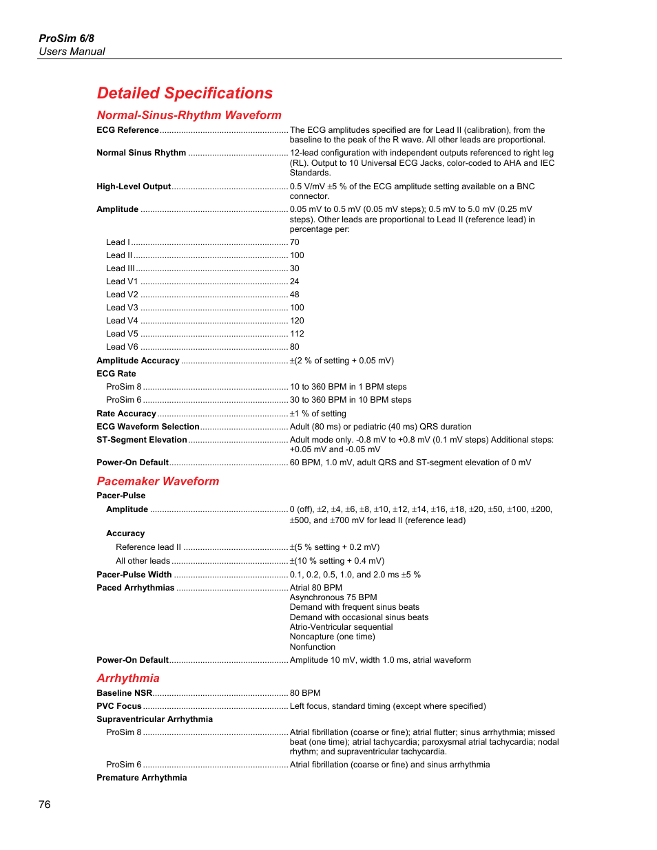 Detailed specifications, Normal-sinus-rhythm waveform, Pacemaker waveform | Arrhythmia | Fluke Biomedical ProSim 6 User Manual | Page 88 / 102