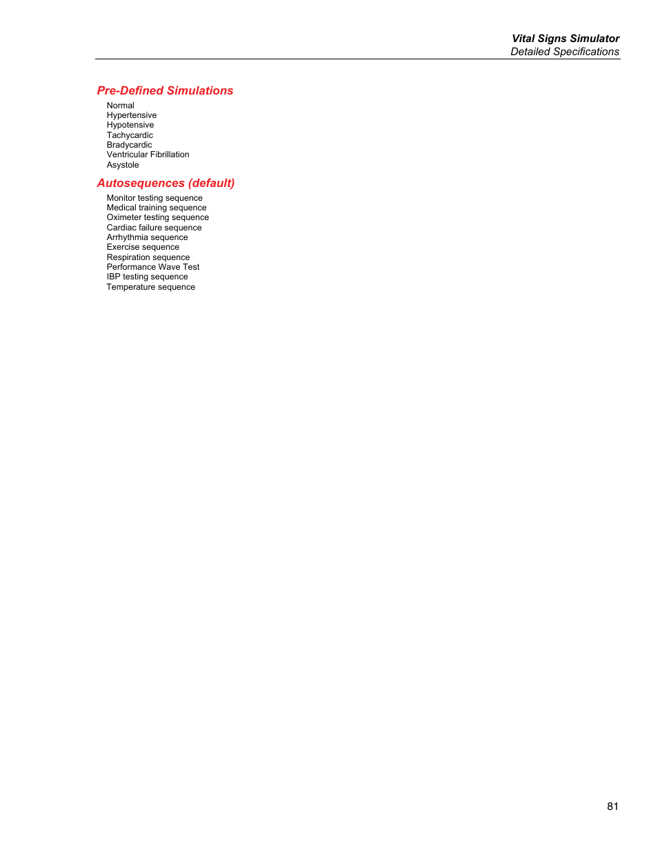 Pre-defined simulations, Autosequences (default) | Fluke Biomedical ProSim 6 User Manual | Page 93 / 102