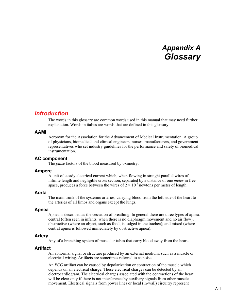Glossary, Introduction, Appendix a | Fluke Biomedical ProSim 6 User Manual | Page 95 / 102