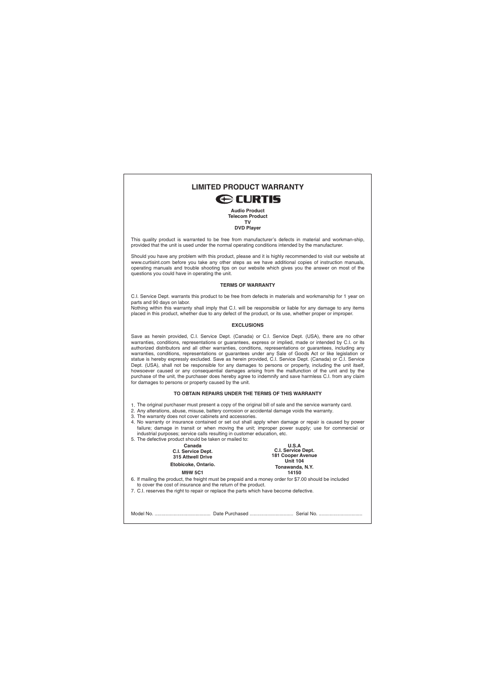 Limited product warranty | Curtis CD266 User Manual | Page 17 / 17