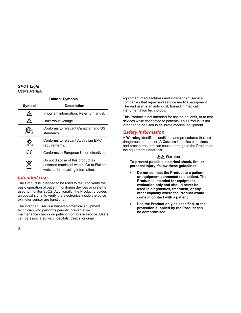Intended use, Safety information | Fluke Biomedical SPOT Light User Manual | Page 14 / 28