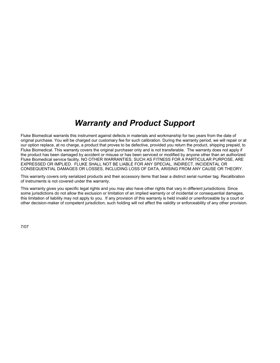 Warranty, Warranty and product support | Fluke Biomedical SPOT Light User Manual | Page 2 / 28