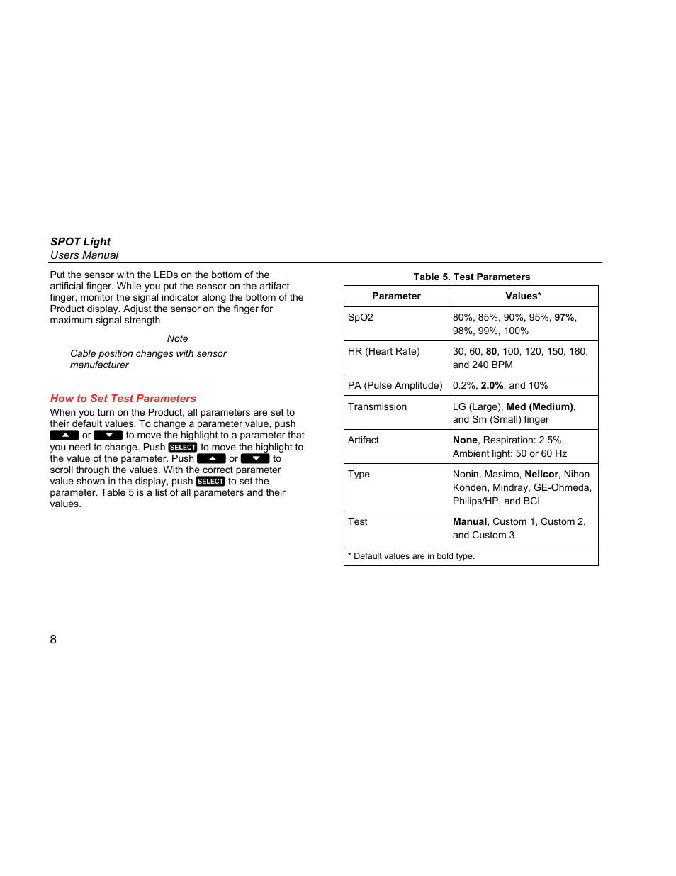 How to set test parameters | Fluke Biomedical SPOT Light User Manual | Page 20 / 28