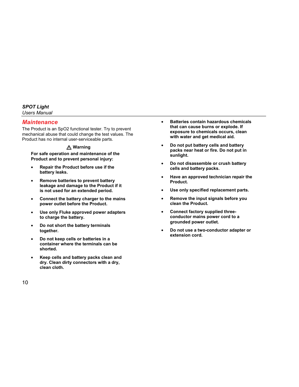 Maintenance | Fluke Biomedical SPOT Light User Manual | Page 22 / 28