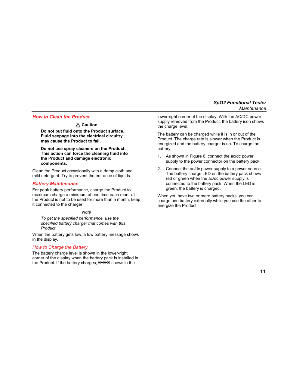 How to clean the product, Battery maintenance, How to charge the battery | Fluke Biomedical SPOT Light User Manual | Page 23 / 28