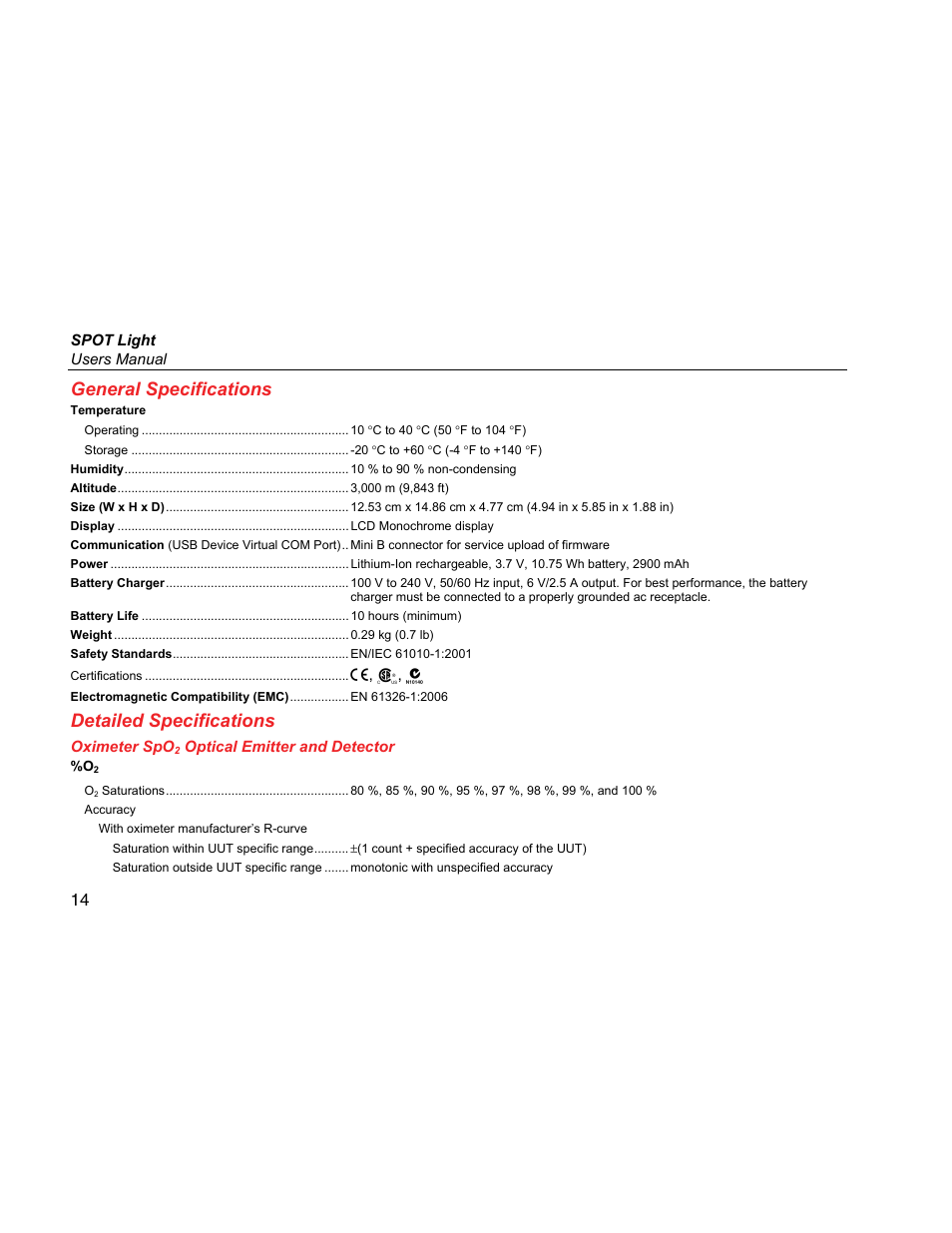 General specifications, Detailed specifications, Oximeter spo2 optical emitter and detector | Fluke Biomedical SPOT Light User Manual | Page 26 / 28