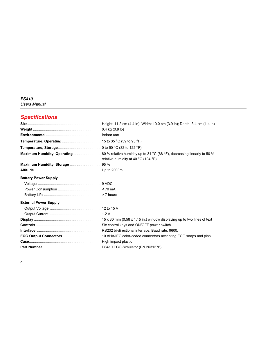 Specifications | Fluke Biomedical PS410 User Manual | Page 12 / 26