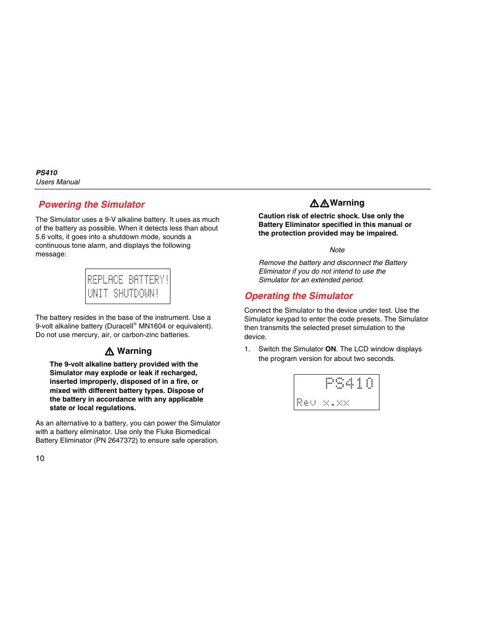 Powering the simulator, Operating the simulator | Fluke Biomedical PS410 User Manual | Page 18 / 26