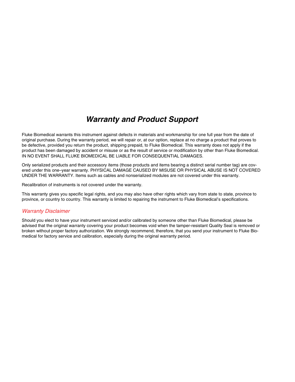 Warranty, Warranty and product support | Fluke Biomedical PS410 User Manual | Page 2 / 26