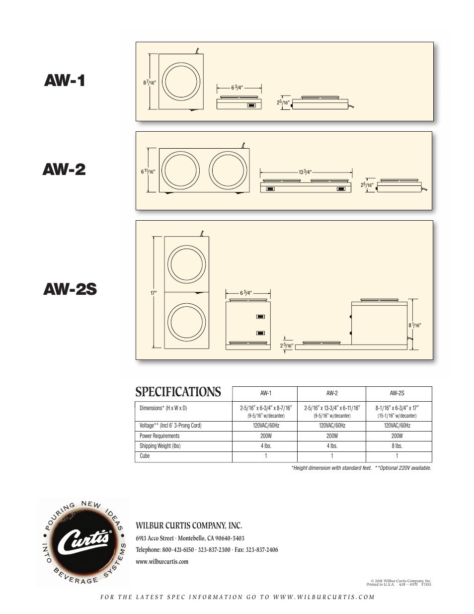 Aw-2, Aw-1, Aw-2s | Specifications, Wilbur curtis company, inc | Curtis ALPHA AW-1 User Manual | Page 2 / 2