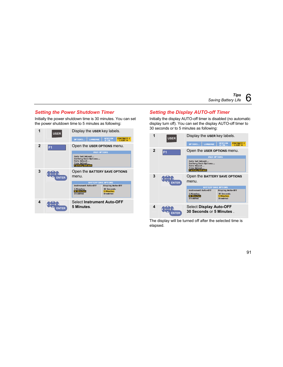 Setting the power shutdown timer, Setting the display auto-off timer | Fluke Biomedical 190M User Manual | Page 101 / 160