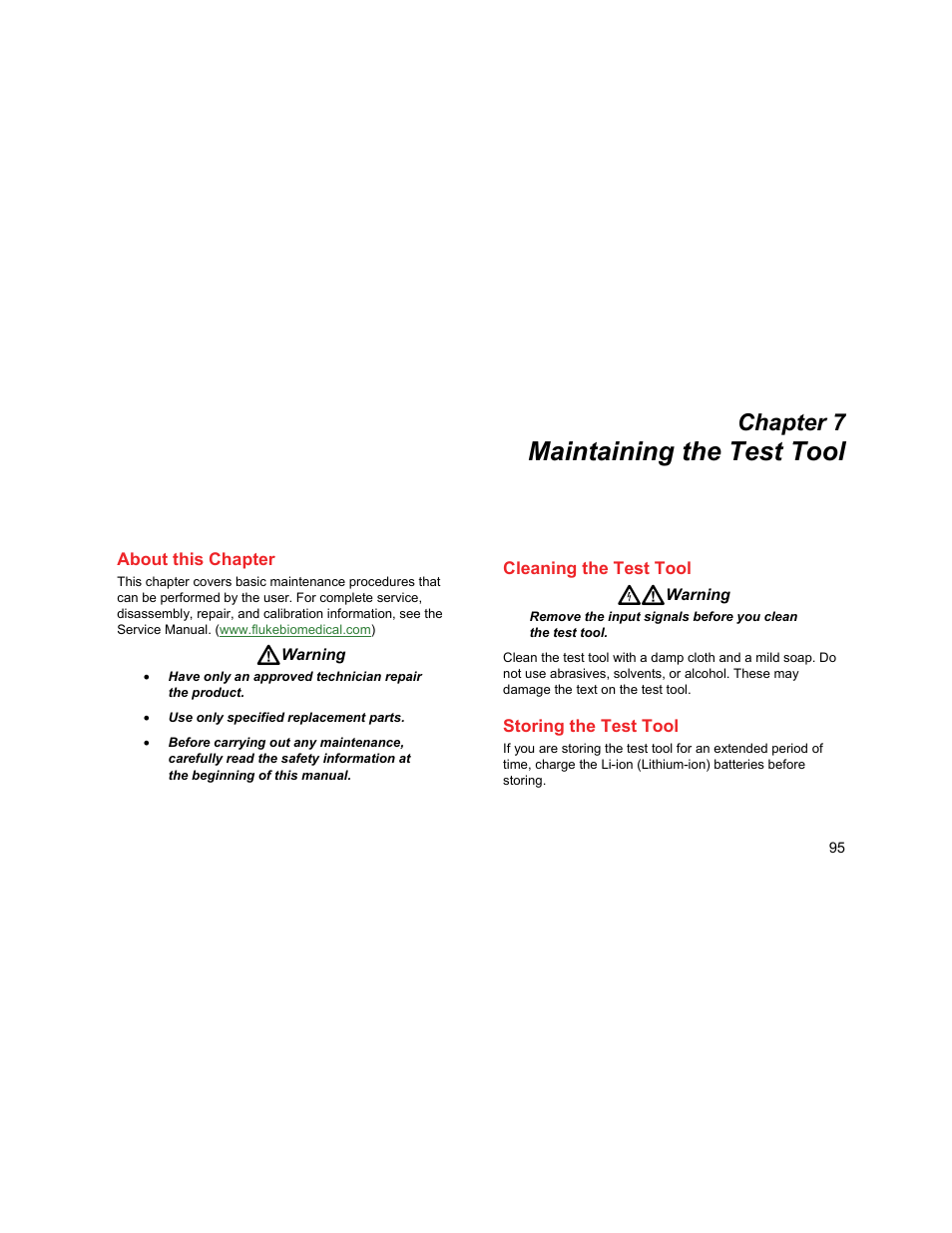 Maintaining the test tool, About this chapter, Cleaning the test tool | Storing the test tool, Chapter 7 | Fluke Biomedical 190M User Manual | Page 105 / 160