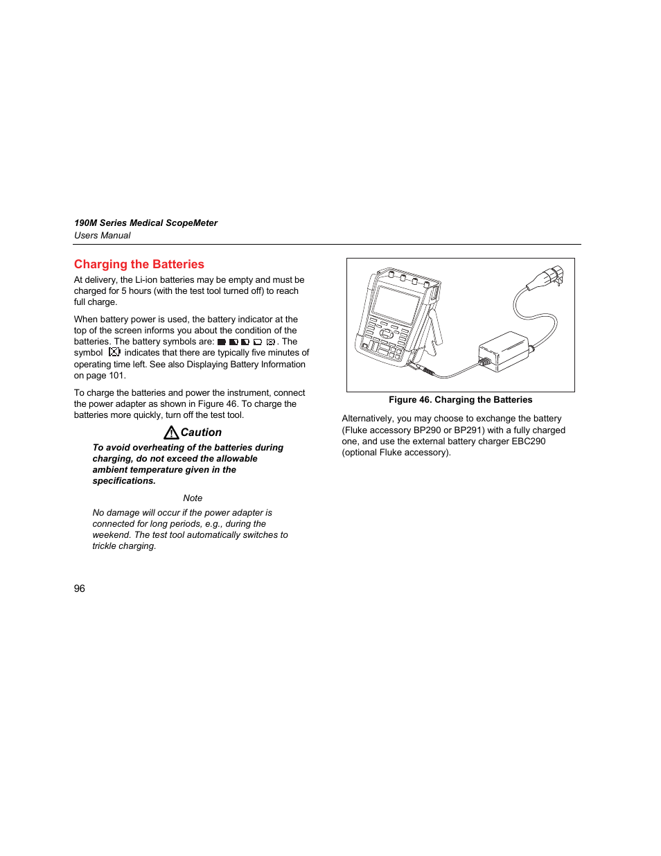 Charging the batteries | Fluke Biomedical 190M User Manual | Page 106 / 160