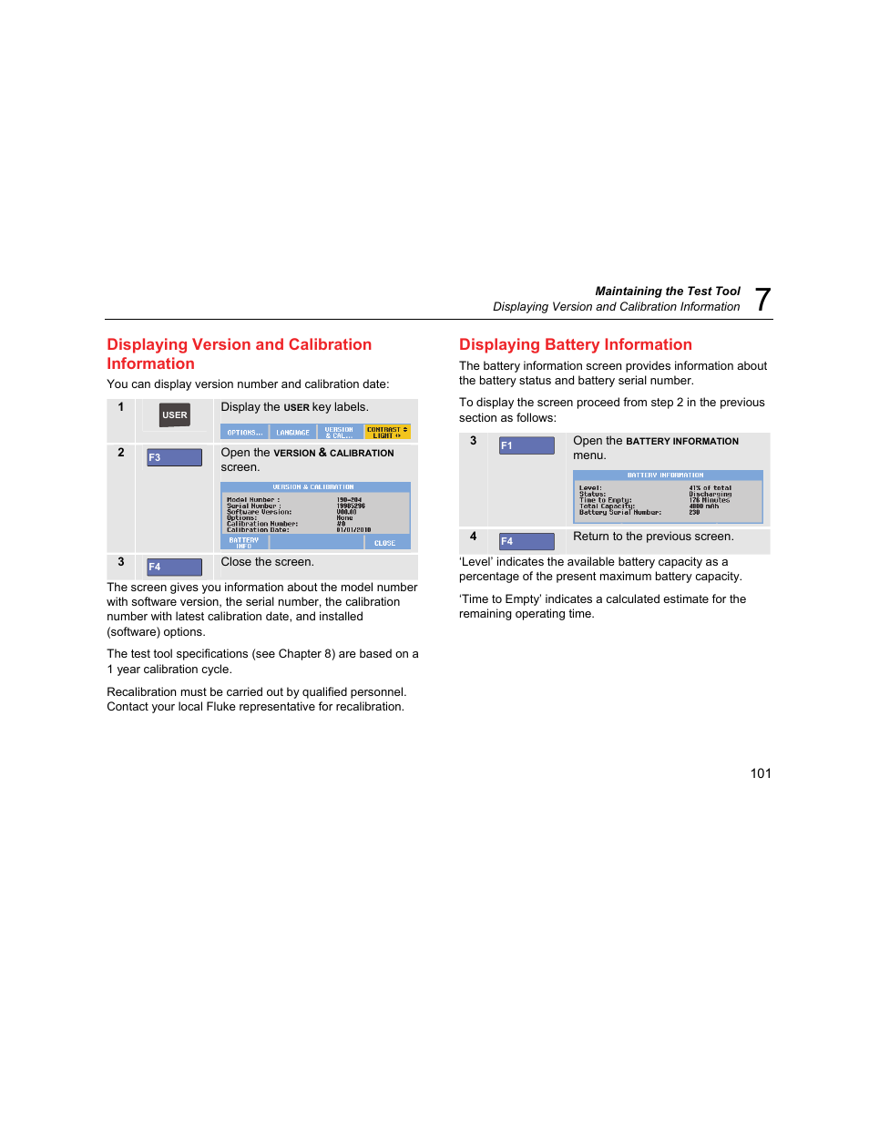 Displaying version and calibration information, Displaying battery information | Fluke Biomedical 190M User Manual | Page 111 / 160