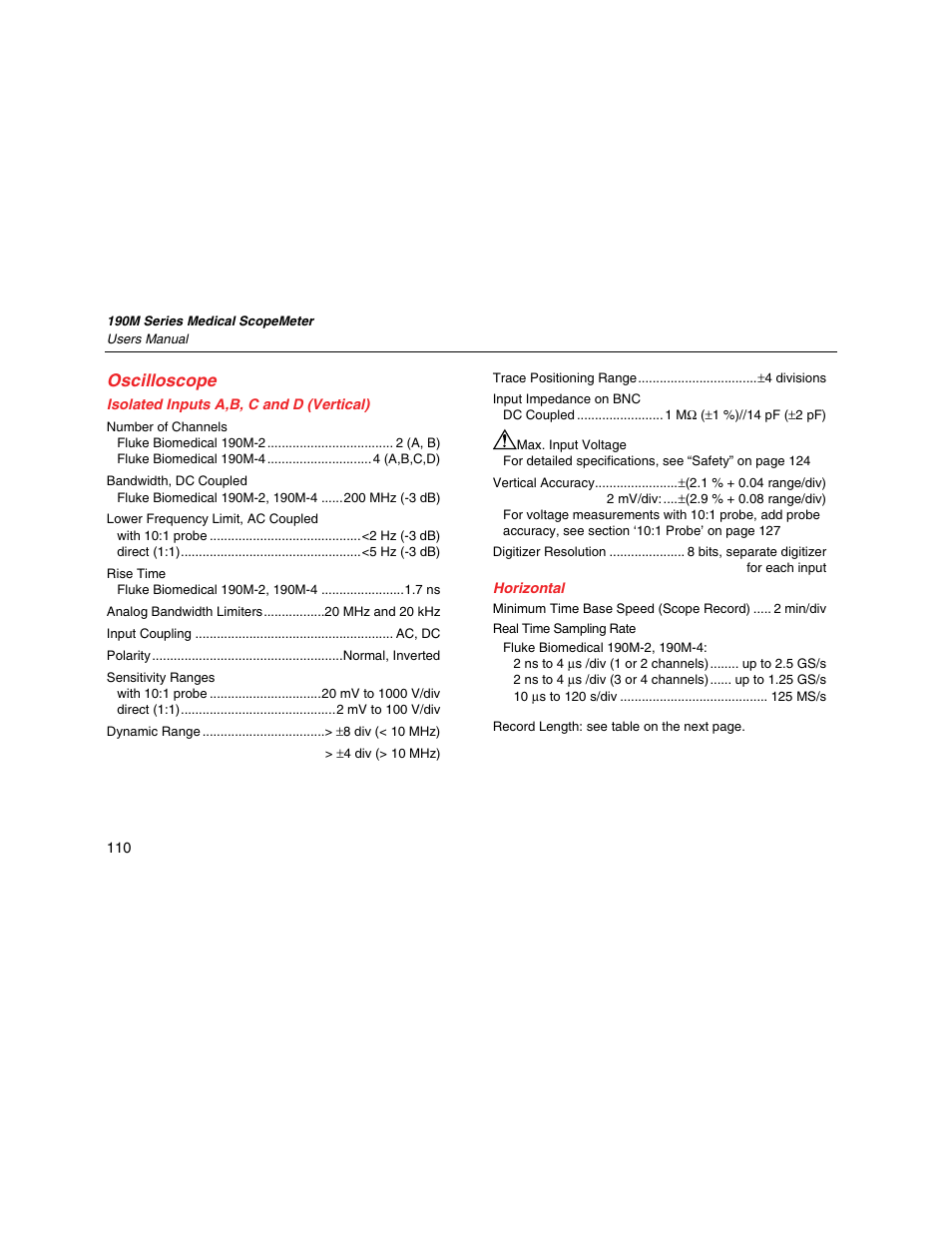 Oscilloscope, Isolated inputs a,b, c and d (vertical), Horizontal | Fluke Biomedical 190M User Manual | Page 120 / 160